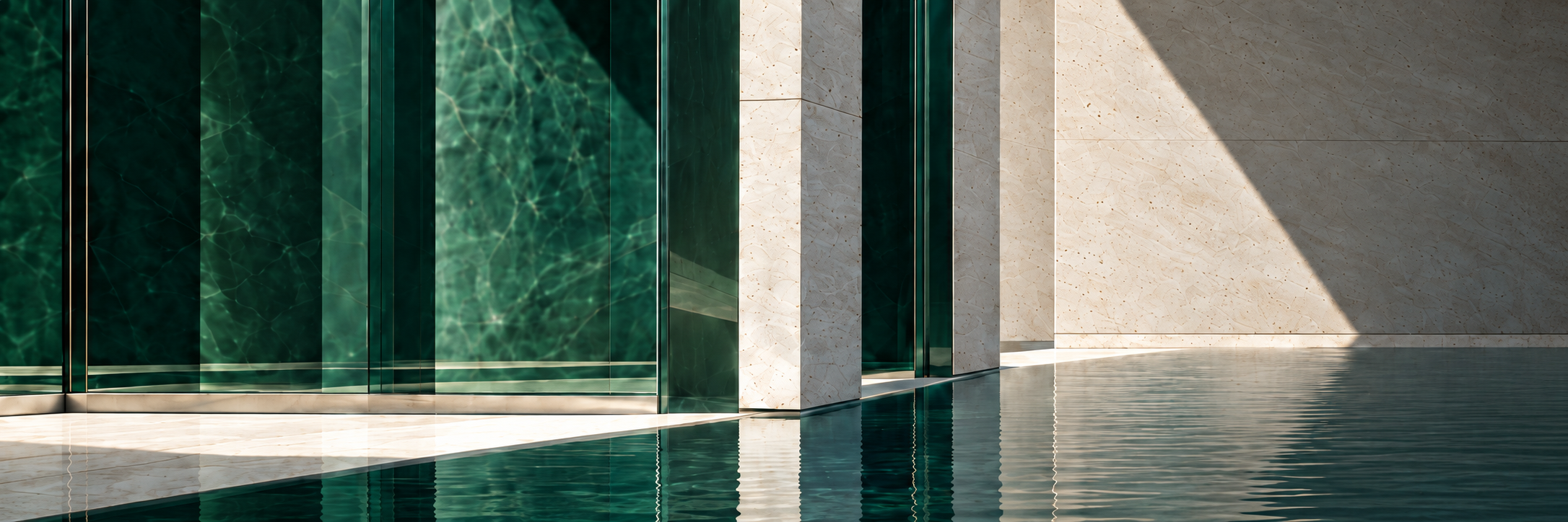Modern building with dark green glass and travertine beside a reflecting pool.
